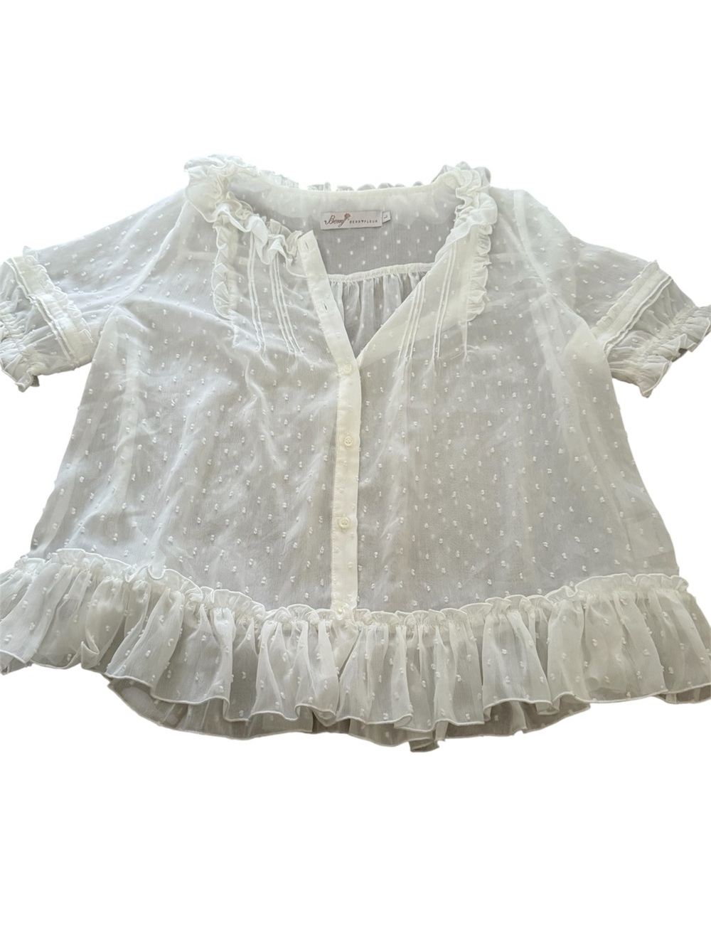 White Swiss Dot Ruffle Button-Front Top
